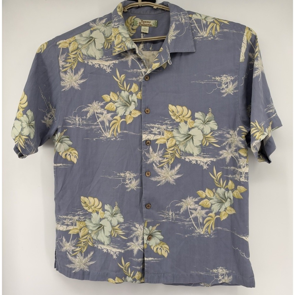 Tommy Bahama 100% Silk Short Sleeve Floral Shirt Button Down Blue Medium